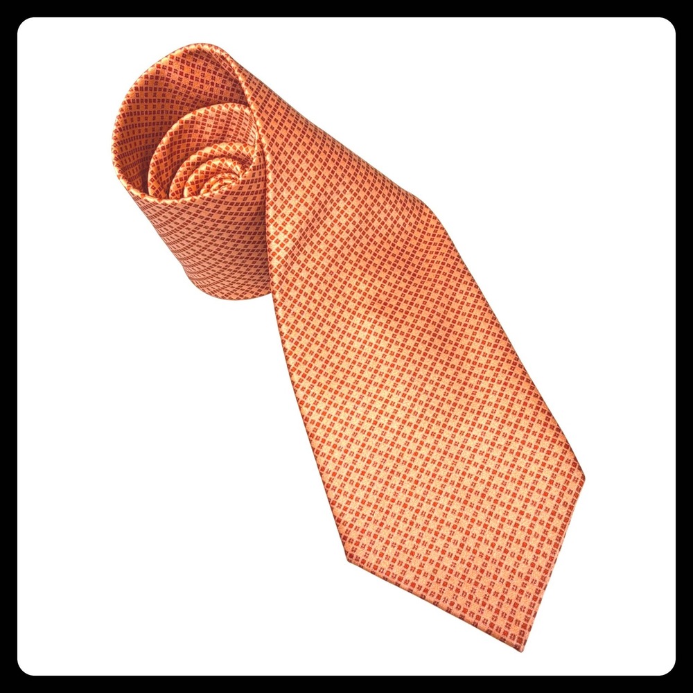Dolcepunta Silk Necktie Men Orange Red Geometric Check Luxury Hand Made in Italy